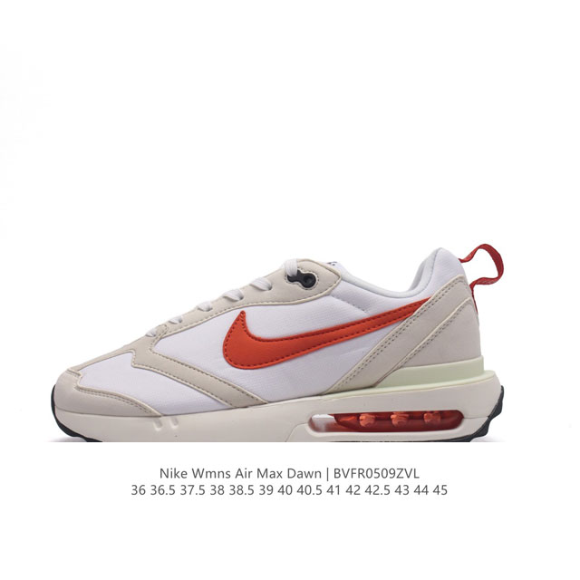 耐克 Nike Air Max Dawn 黎明系列 低帮气垫百搭休闲运动慢跑鞋，从配色上彰显出浓厚的复古气质。最大的亮点当属鞋型设计上加入结构元素，汲取1984